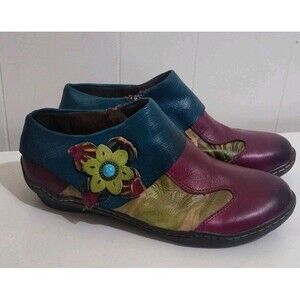 Socofy Women's Size 8 Leather Colorful Floral Boho Clogs Side Zip Shoes Retro